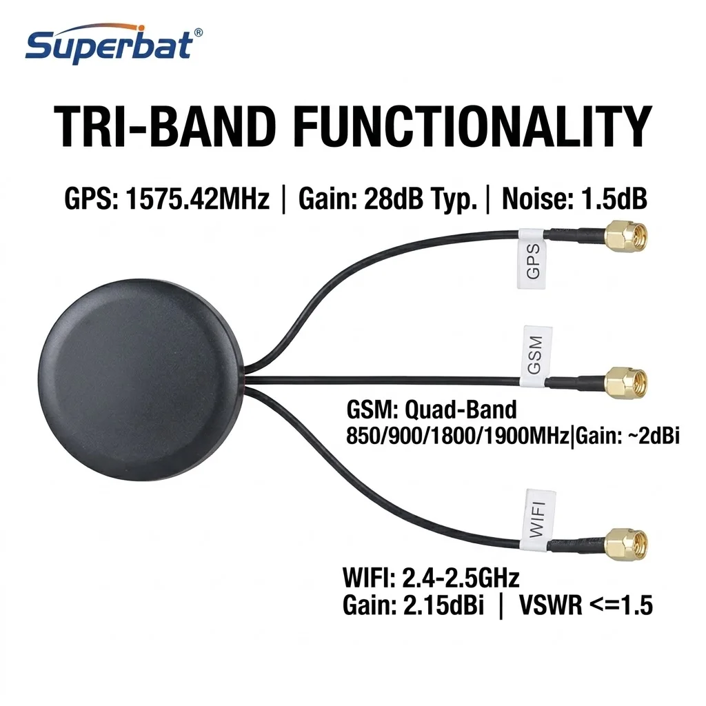 Superbat GPS/Wifi/GSM Antenna Brand Round 3 in 1 Combined Antenna Aerial Booster SMA Male Connector 5M Cable Black