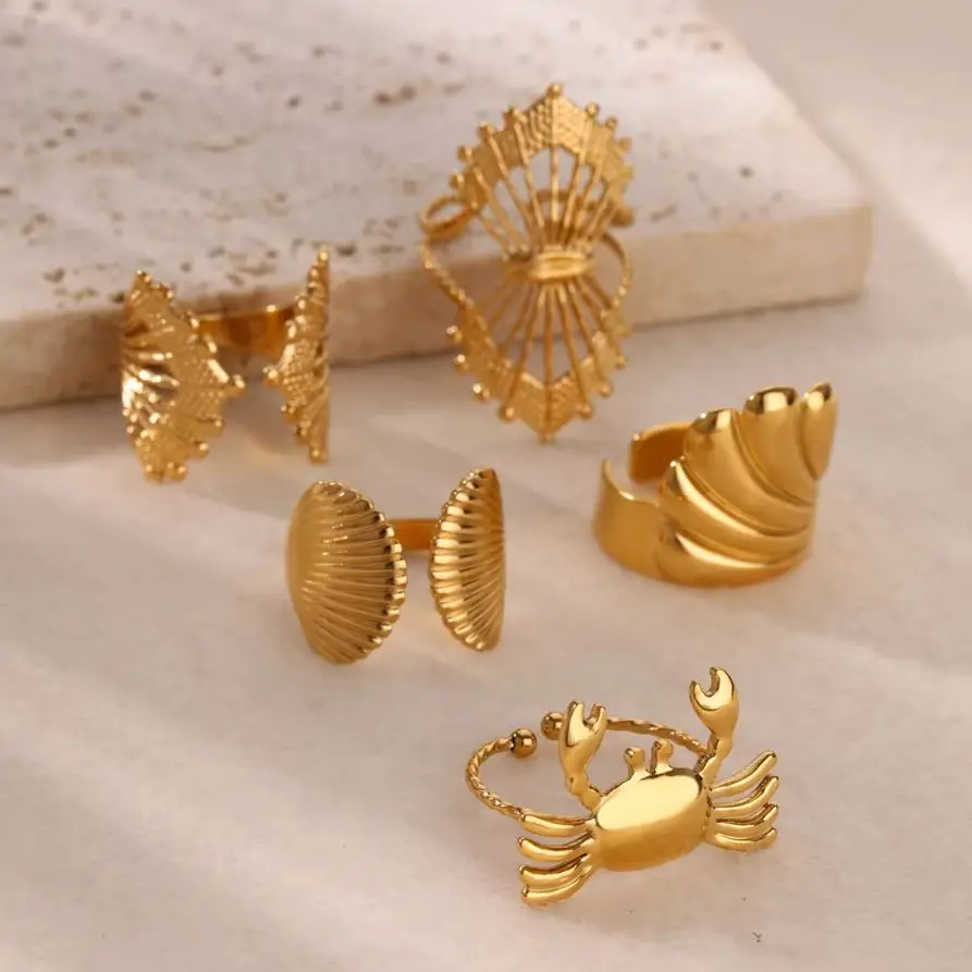 Gold Plated Stainless Steel Sea Shell Crab Rings Women Marine Organism Finger Ring Fashion Christmas Funny Jewelry Gift fashion rings,fashion ring