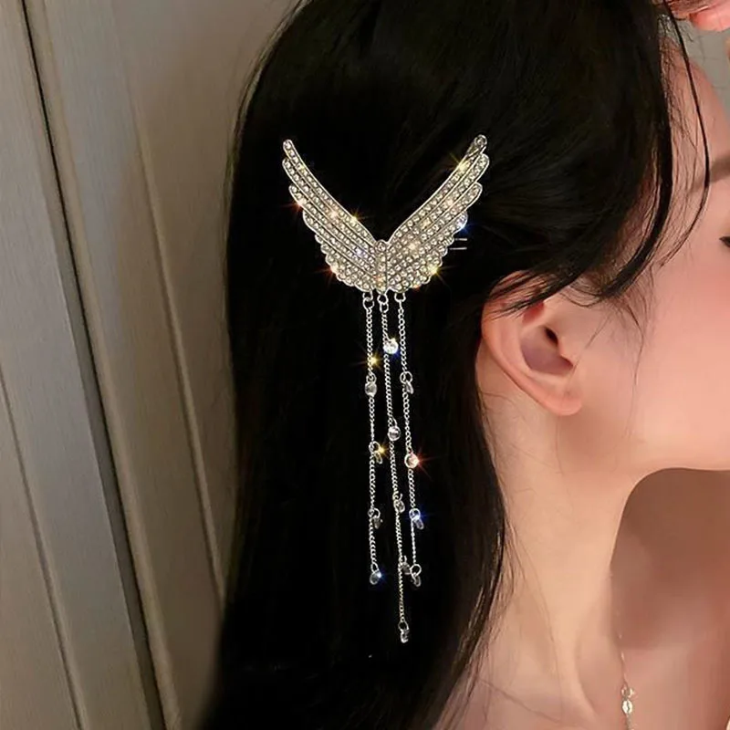 Shiny Crystal Tassel Butterfly Hair Clip For Women Jewelry Elegant Rhinestone Chain Long Hairpin Hair Accessories Girl Headwear