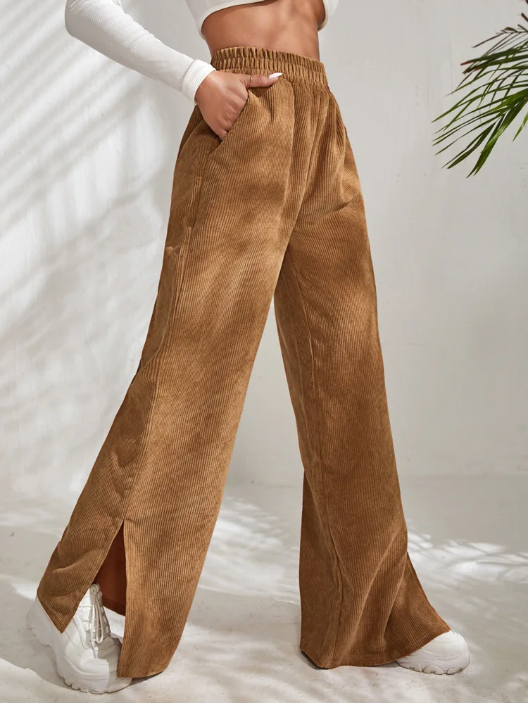 

Autumn Winter Women'S Loose High-Waisted Casual Trousers Lady Solid Solid Color Thick Corduroy Side Slits Bottom Wide Leg Pants