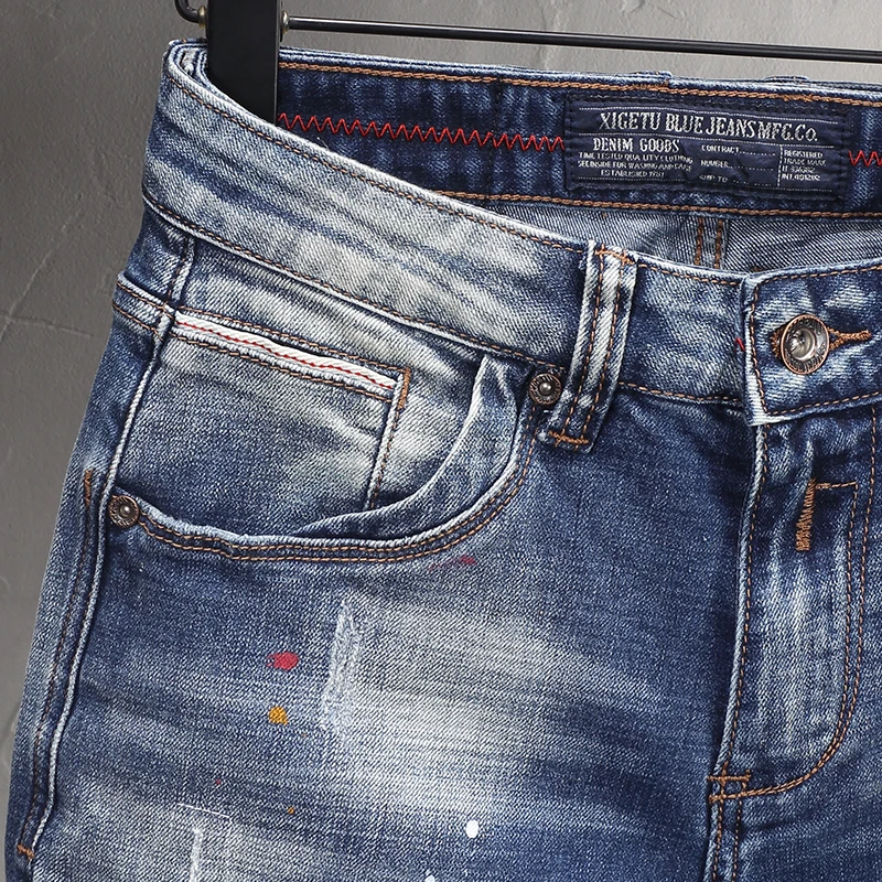 Fashion Designer Men Jeans High Quality Retro Washed Blue Painted Ripped Jeans Men Vintage Trousers Casual Denim Pants Hombre