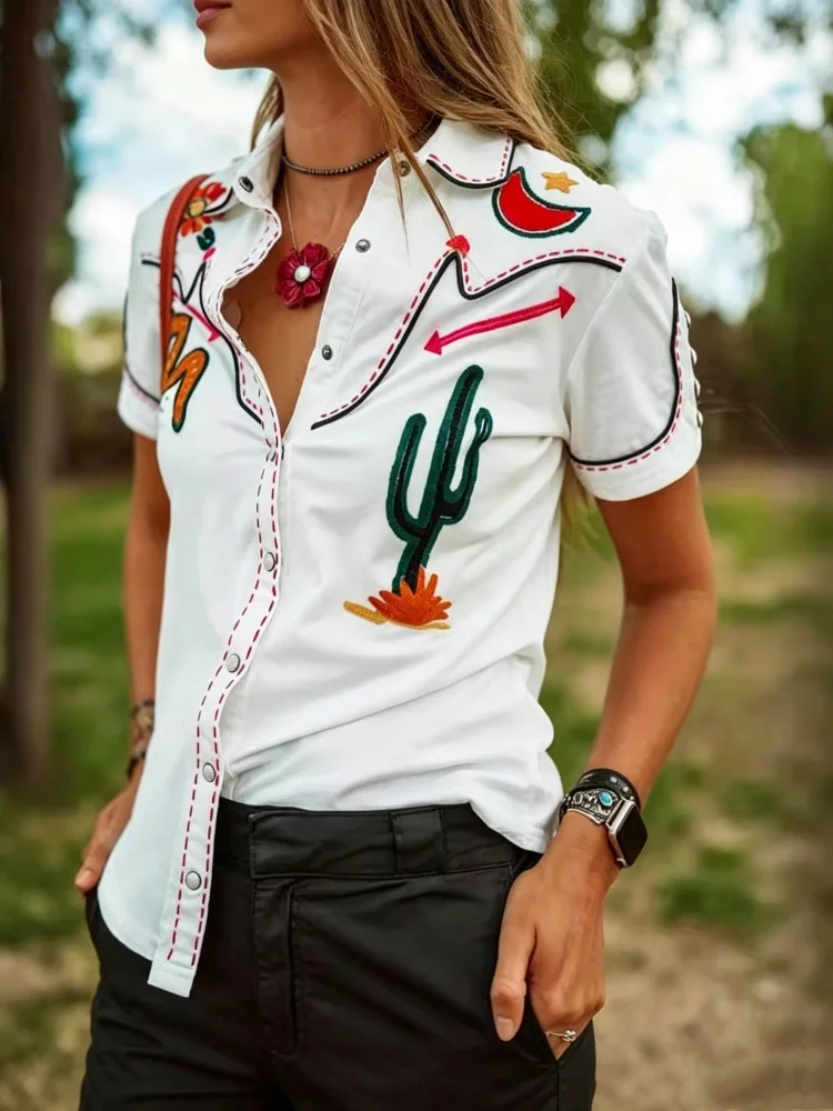 Damen Weiße Western-Bluse mit Kaktus-Stickerei Kurzarm Knopfleiste Lässige Cowgirl-Bluse Top