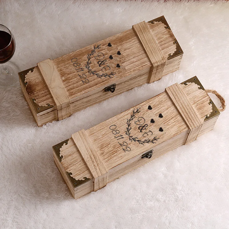 Wooden Wine Box with Name and Date Engraved Style Simple Design Perfect for Anniversary Wedding Day Ceremony