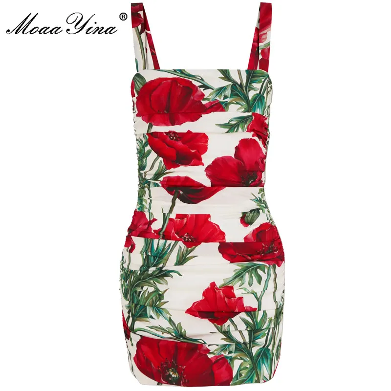 

MoaaYina Fashion Runway dress Summer Women Dress Spaghetti Strap Flower Print Slim Holiday Short Silk Dresses