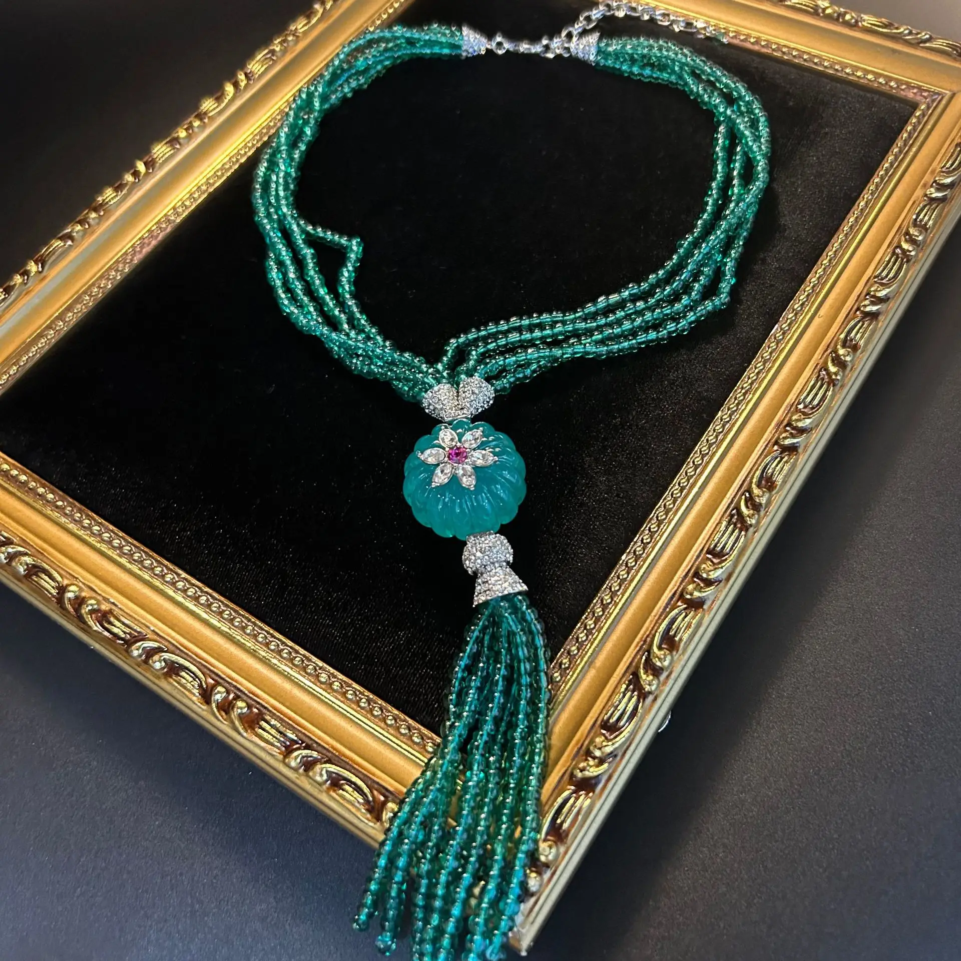 قلادة شرابة مطرزة يدويًا، تضمين كامل، طلاء الذهب ا...