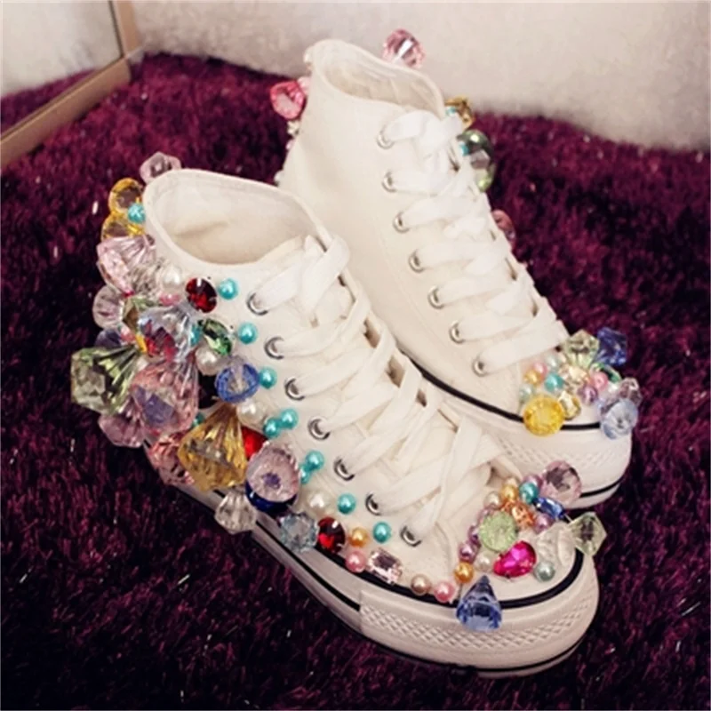 

Handmade custom gemstone stitching rhinestone high-top canvas shoes casual walking shoes comfortable party shoes 35-40