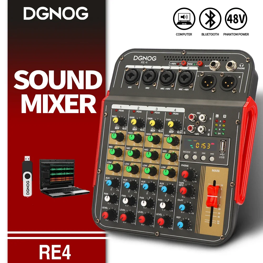 RE4 4-Channel Sound Mixer AUX Effec Console DJ Mixing 48V Phantom Power Bluetooth USB REC XLR Output Audio Mixer DGNOG audio mixer