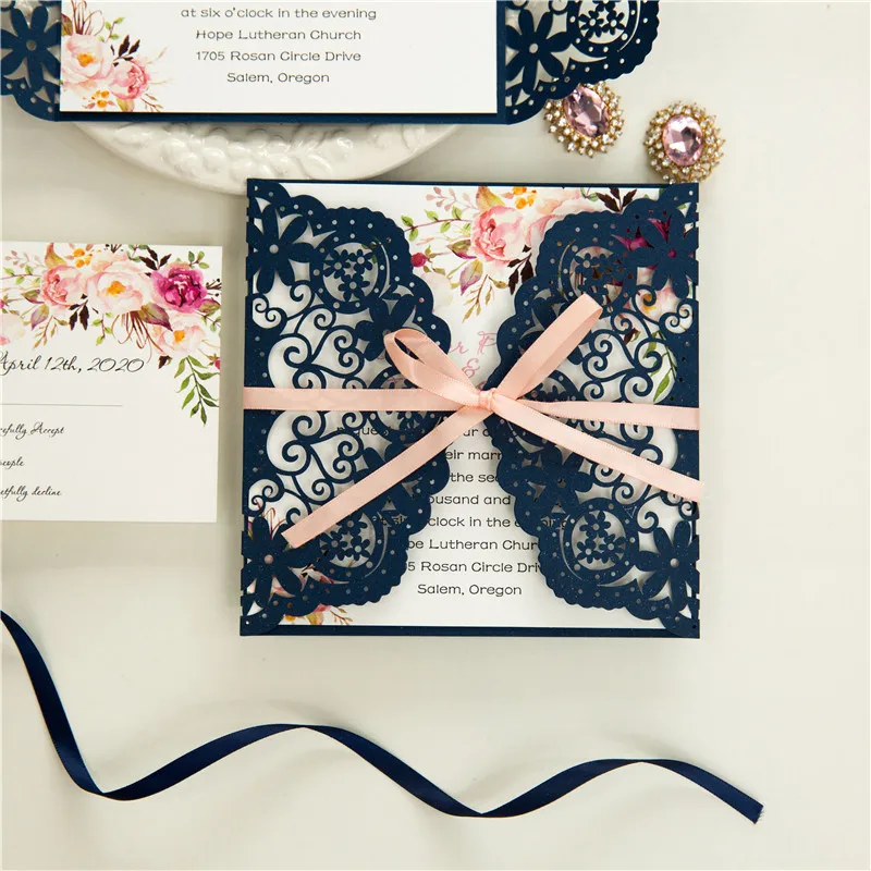 50 Pieces Laser Cut Floral Navy Wedding Invitation Card, Personalized Print Quinceanera Pearly Invitations With RSVP Card IC146