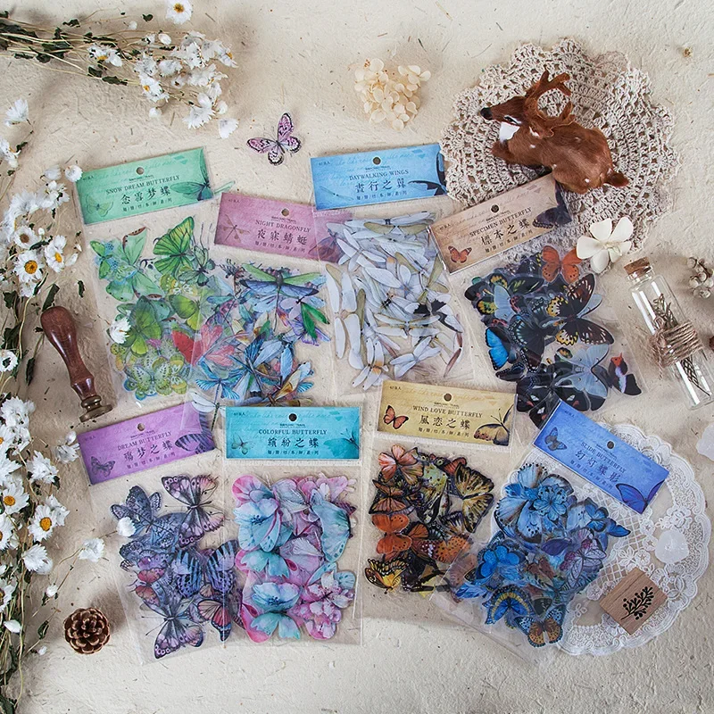 

40pcs/bag Wings' Specimen PET Stickers Series Butterfly Dragonfly Stickers Pack Hand Ledger Decoration Material