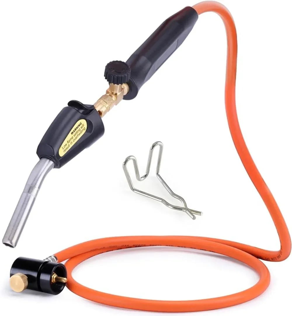 

Propane Torch Kit Hose 3.6Ft Map/Mapp Gas Torch Trigger Start Adjustable Flame Knob Near Torch Head Stainless Steel with Hook