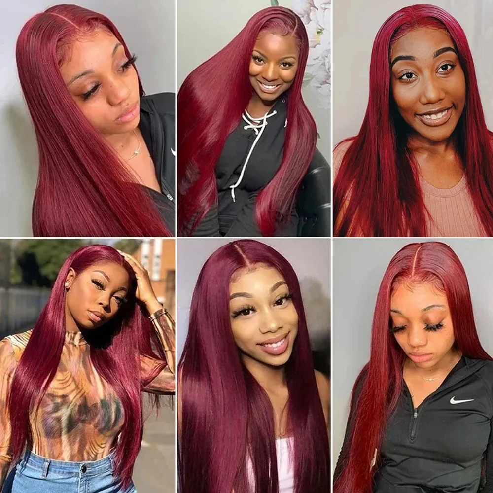 99j Straight Frontal Wig Burgundy 13x4 Lace Front Wig Human Hair Straight HD Transparent Lace Front Human Hair Colored Wigs