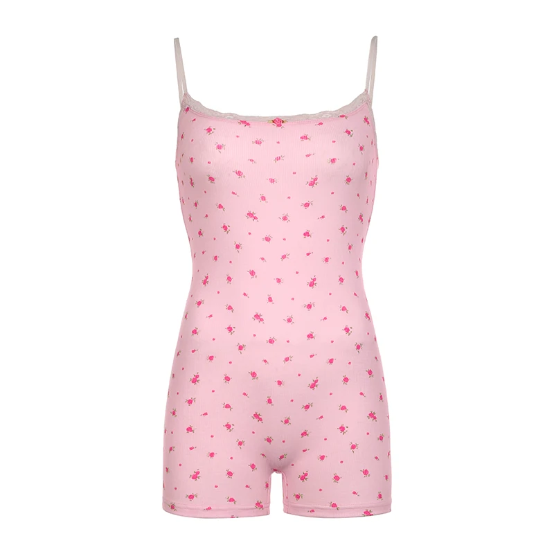 IAMHOTTY Coquette Floral Print Sleeveless Rompers Women Lace Stitching Slim-fitting Playsuits Y2K Aesthetic Jumpsuits Shorts