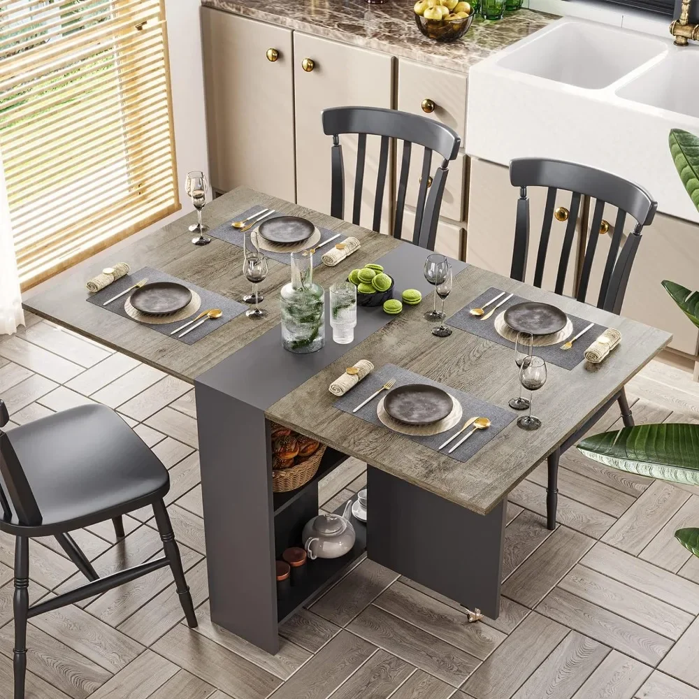 

Multifunction Expandable Table for Kitchen, Bedroom, Living Room，Drop Leaf, Folding Dining Table with 2 Storage Racks, 6 Wheels