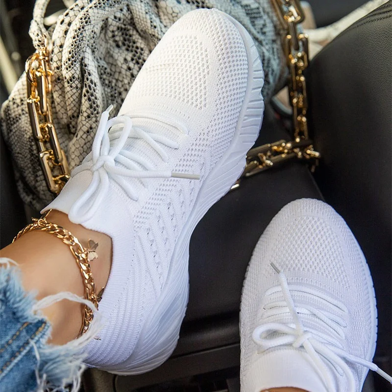 

2022 Woman Shoe Women Wedge Sneakers Breathable Knitted Casual Socks Women Shoes Lace Up Ladies Flats Female Plus Size
