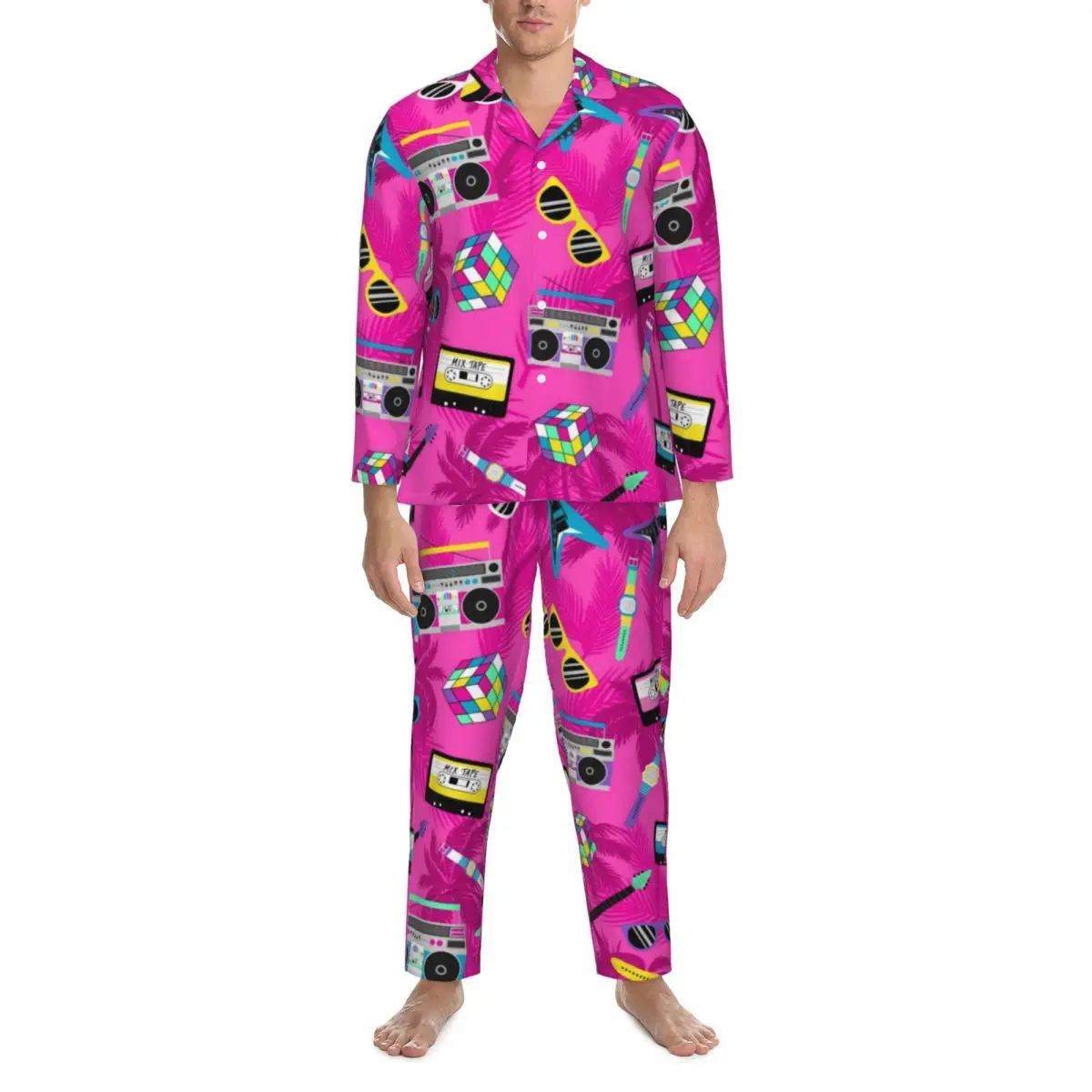 

Pop Art Print Pajama Set Autumn Neon Pink Trendy 80s Soft Bedroom Sleepwear Couple 2 Pieces Loose Oversized Design Home Suit