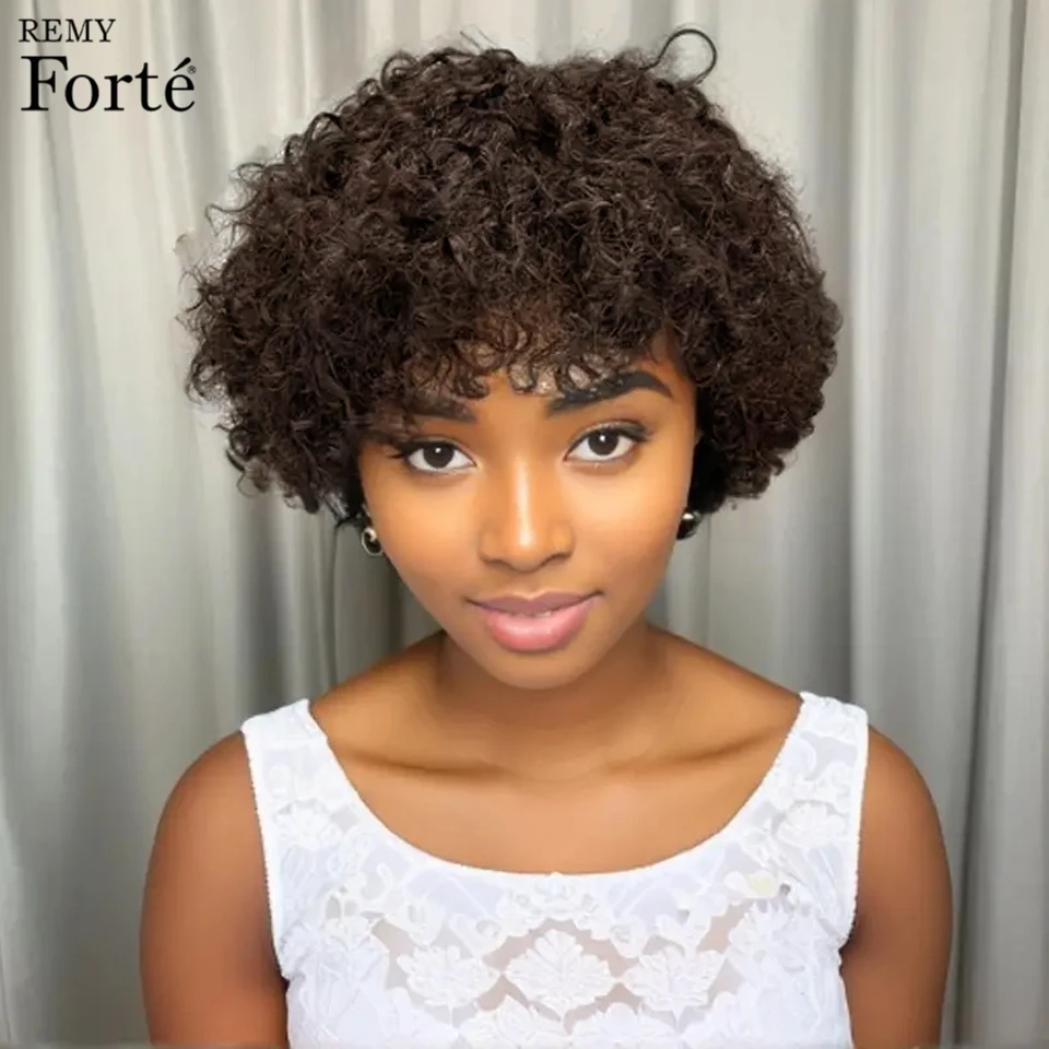 Remy Forte Short Afro Kinky Curly Bob Wigs Human Hair Glueless Lace Wigs Human Hair Full Machine Brown Curly Bob Human Hair Wig