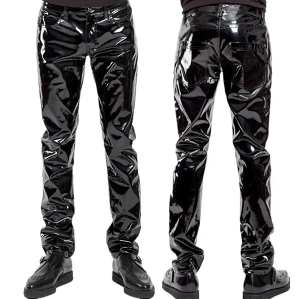 

Mens Black Shiny Leather Straight Pants Zipper Open Crotch Glossy PVC Latex Casual Trousers Male Shaping Wetlook Latex Leggings