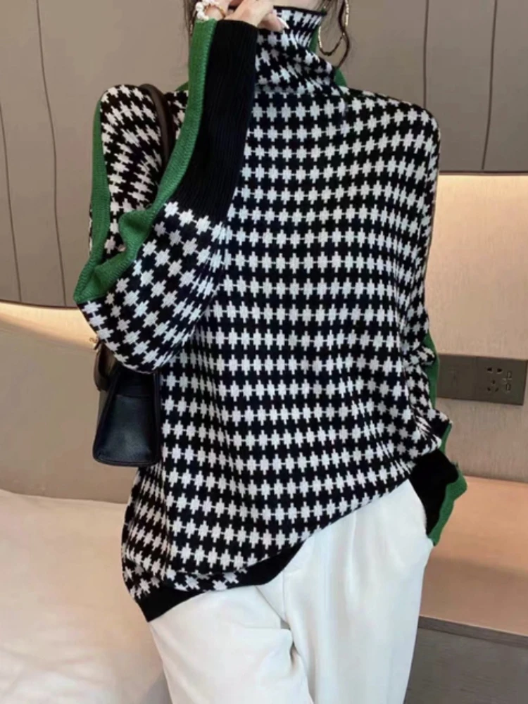 

2022 Winter Women's Turtleneck Sweater Warm Pullover Commuter Elegant Top Loose Casual Women's Top Retro Contrast Color sweater