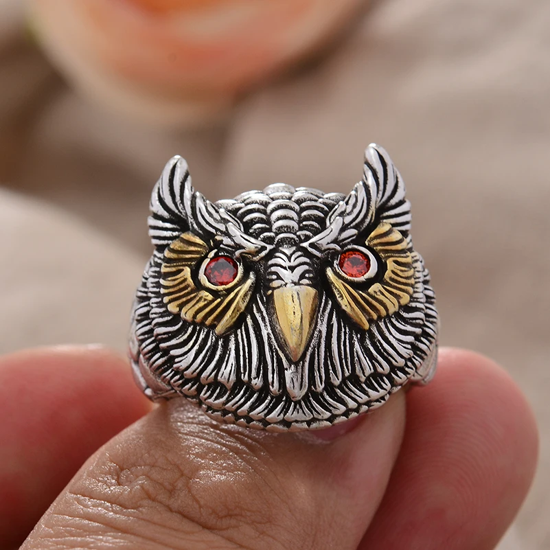 2023 New Design Vintage Owl Animal Red Crystal Eyes Thai Silver Man Ring Wholesale Jewelry Cheap Gifts