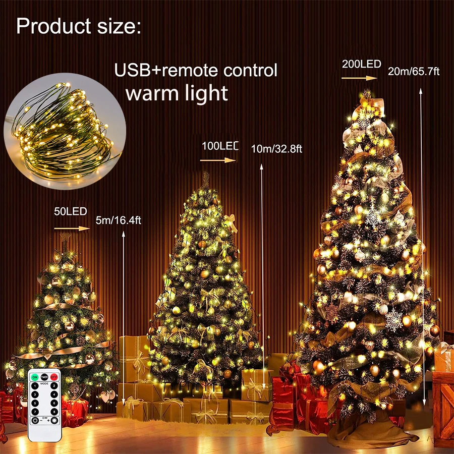 5/10/20m LED Lights String Fairy Light USB 8 Modes Copper Green Wire for Bedroom Garden Party Wedding Christmas Tree Decoration