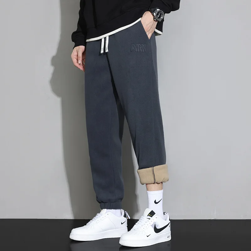 Boweylun New Winter Padded Drawstring Sweatpants Men Windproof Warm Thickened Shaking Grain Fleece Loose Casual Pants Youth