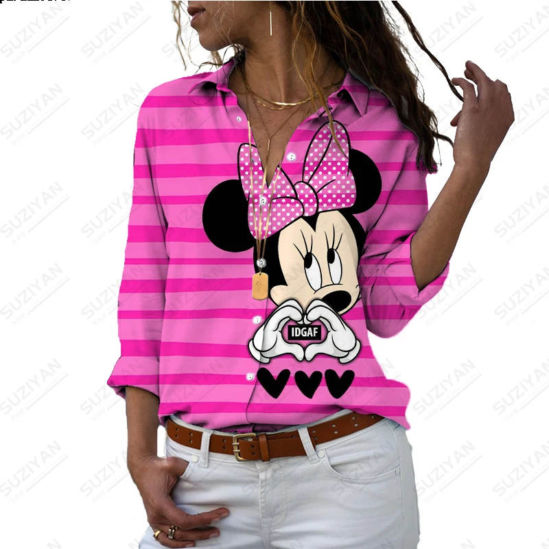 

Spring Women's Long sleeved Shirts Elegant and Casual Minnie 3D Printed Women's Button Cardigan Street Loose Style Chiffon Shirt