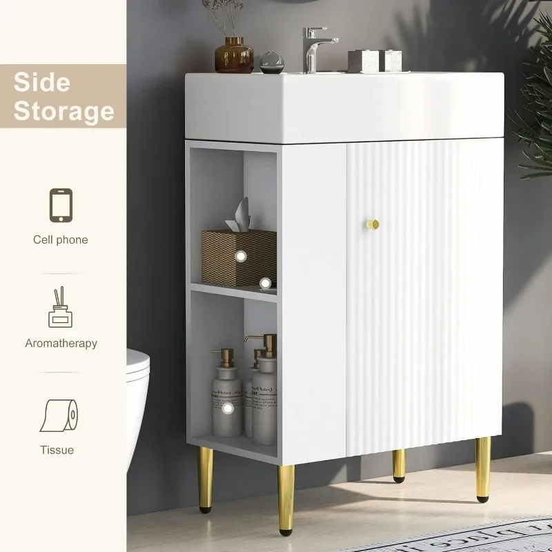 21.6inch White Bathroom Vanity,Bathroom Storage Cabinet with Ceramic Sink,Combo Cabinet,Easy Assembly,Open Storage. 5