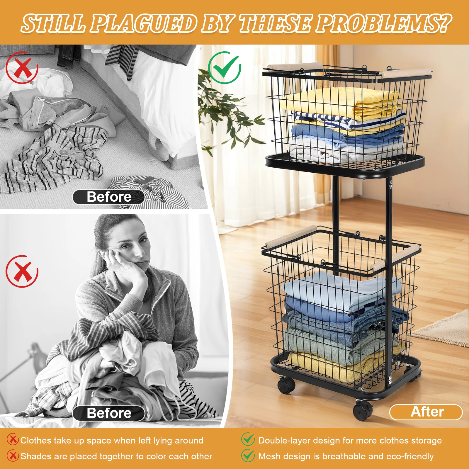 2 Tier Metal Storage Cart with Wheels Wire Laundry Hamper Cart Laundry Hamper Trolley for Laundry Room Bathroom Bedroom