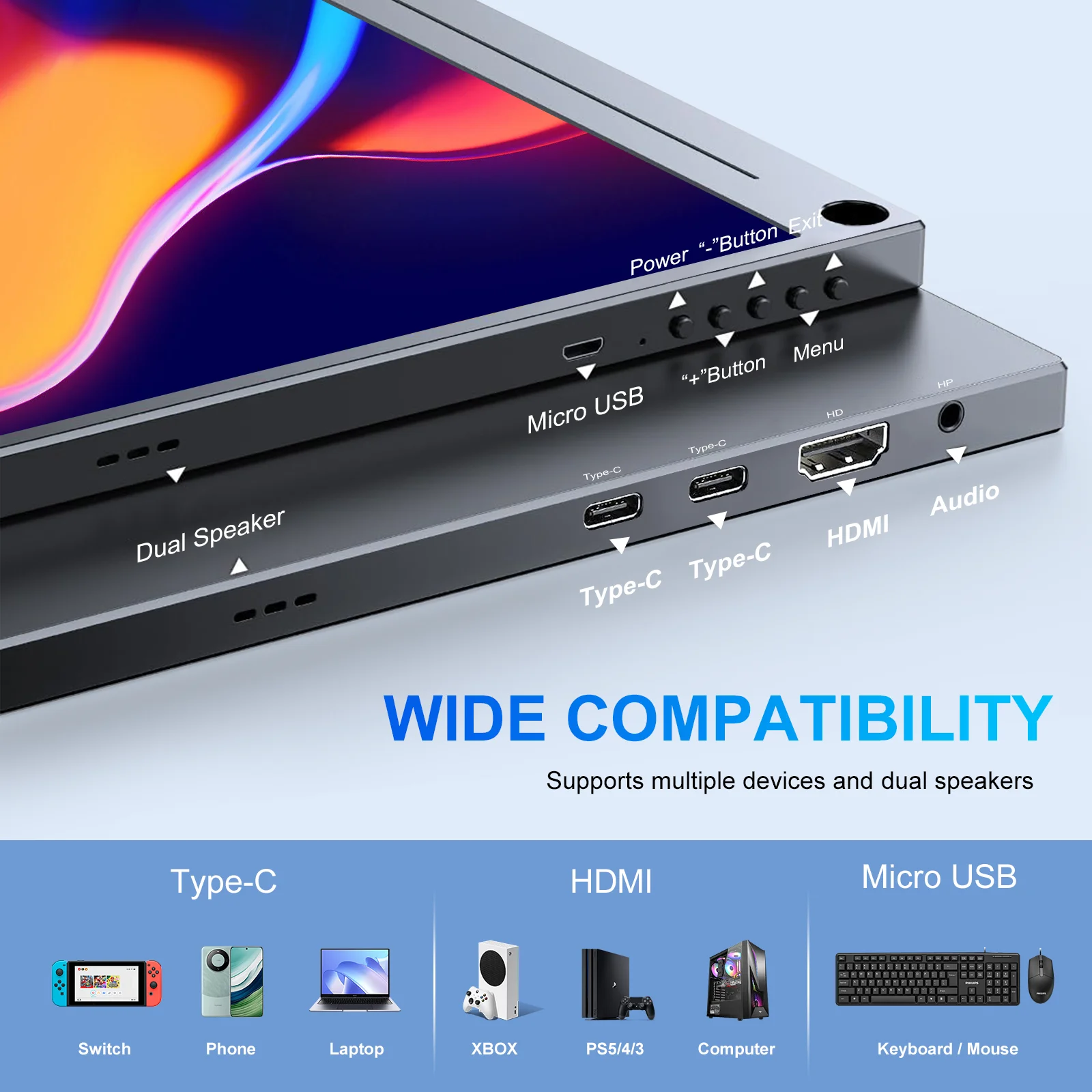 4K 15.6인치 휴대용 모니터 3840x2160 확장 디스플레이 IPS LCD 패널 펜홀 스탠드 VESA Type-c 미니 HDMI 모바일 디스플레이 300cm/m2