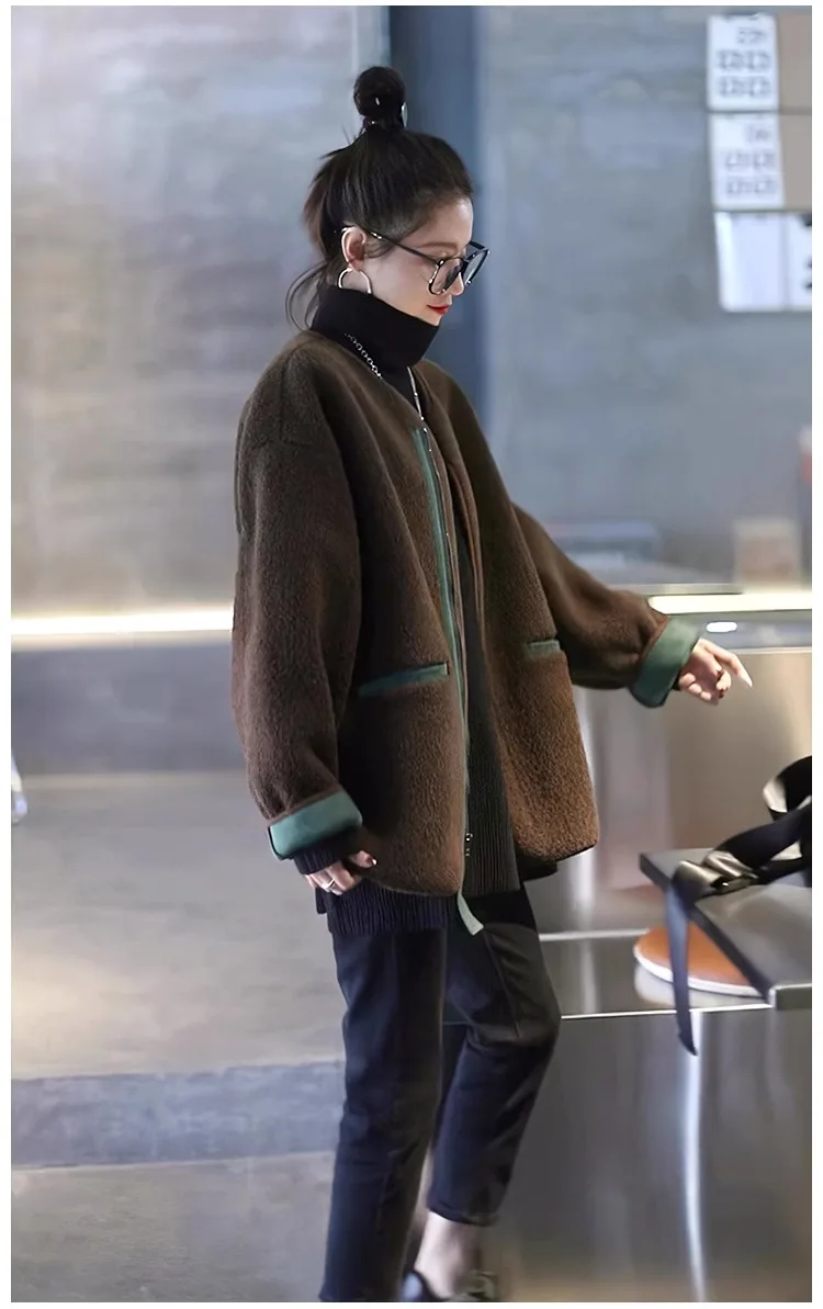 Simple Winter New Loose Synthetic Fur One Piece Lamb Plush Coat Thickened Zipper Mid length Contrast Motorcycle Coat