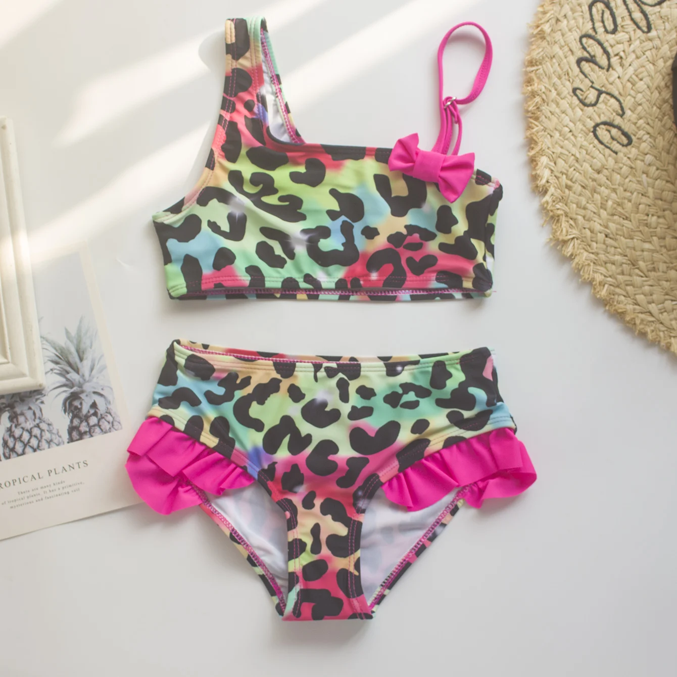 Leopard Print Girls Kids Bikini Set Bow Ruffle Deco One Shoulder Swimsuit Swimwear Summer Outdoor Quick Dry Kids Beach Clothes