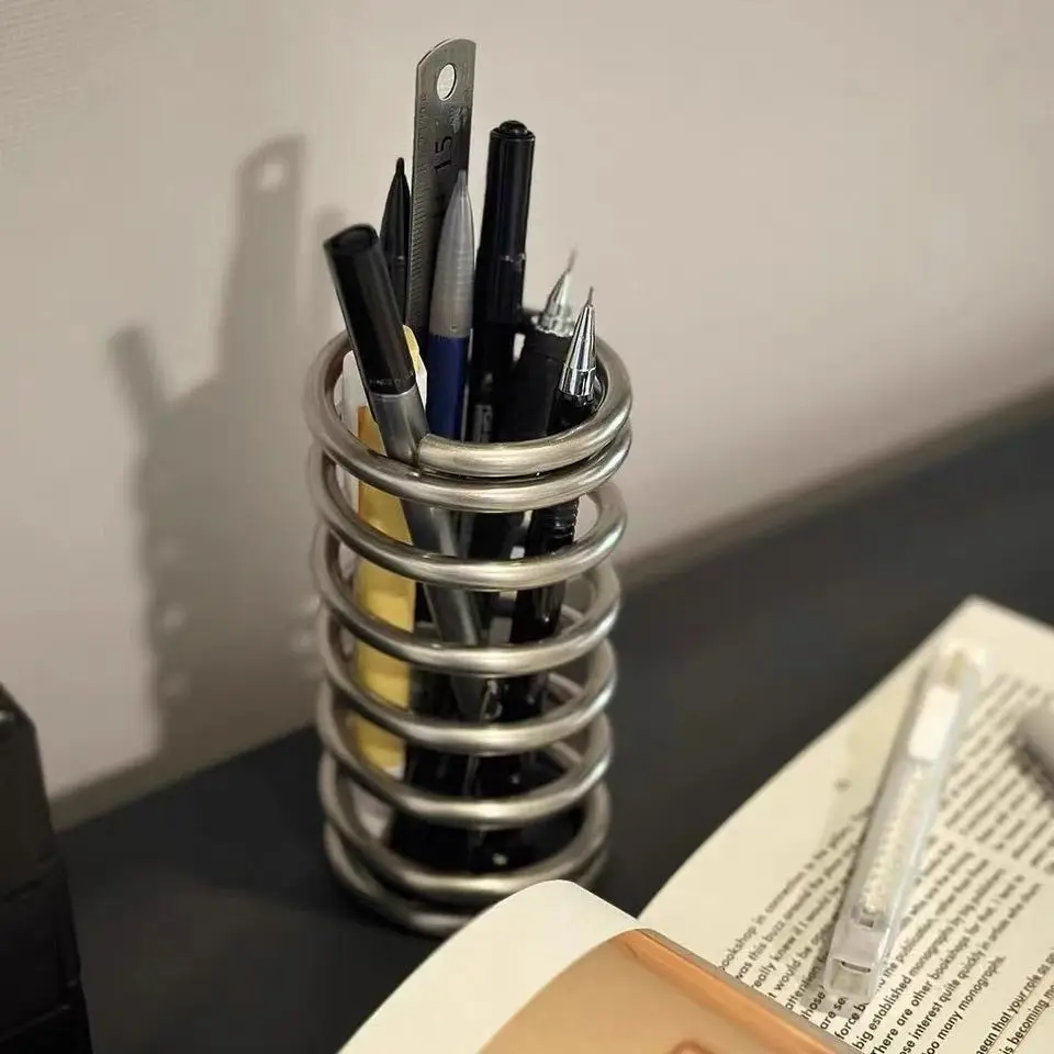 Stainless Steel Metal Threaded Toothbrush Holder Waterproof Bathroom Sink Desktop Makeup Brush Storage Vase Pen Holder