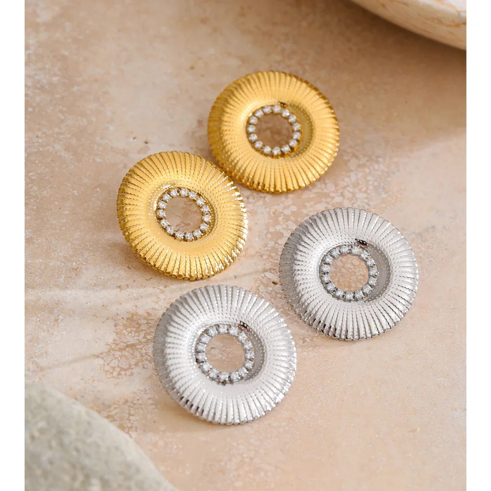 Yhpup 25mm Round Stud Earrings Stainless Steel Zirconia