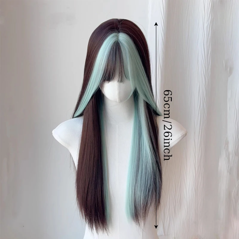 Synthetic Women Wigs 26inches Long Straight Hair Wig Mint Green Highlighted Wig with Hair Bangs for Women Daily or Cosplay Use