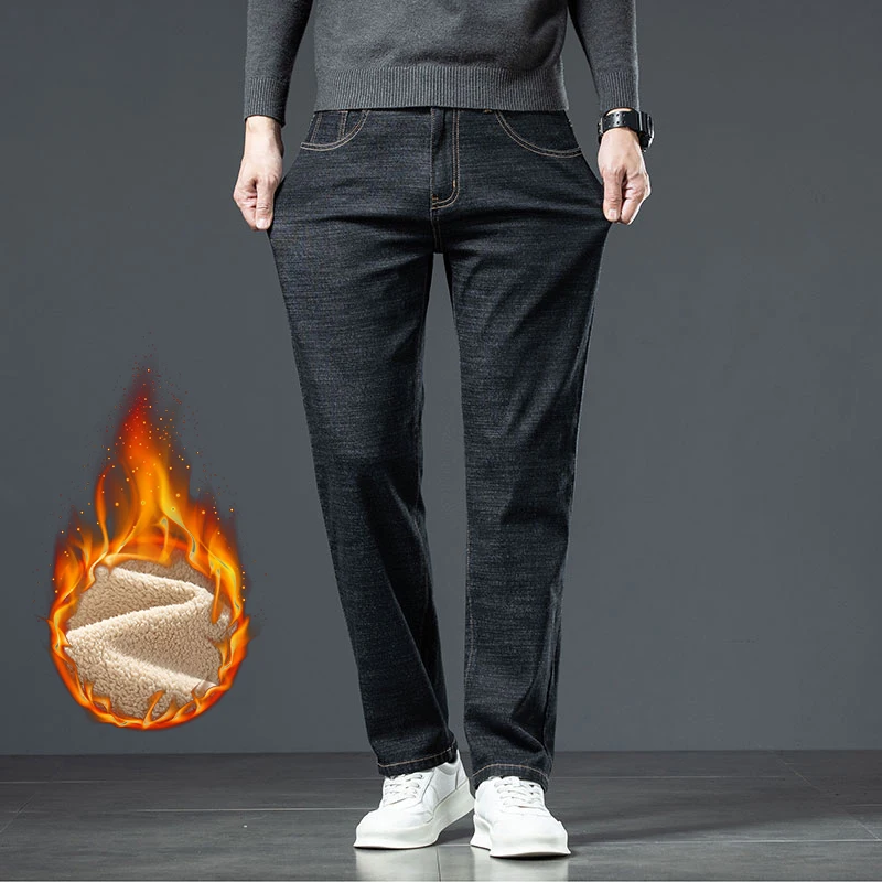 Plus Size 44 46 Casual Sherpa Warm Jeans Men Winter Velvet Thick Trousers denim pants denim trousers men trousers Loose Straight Business Classic Fleece Denim Pants