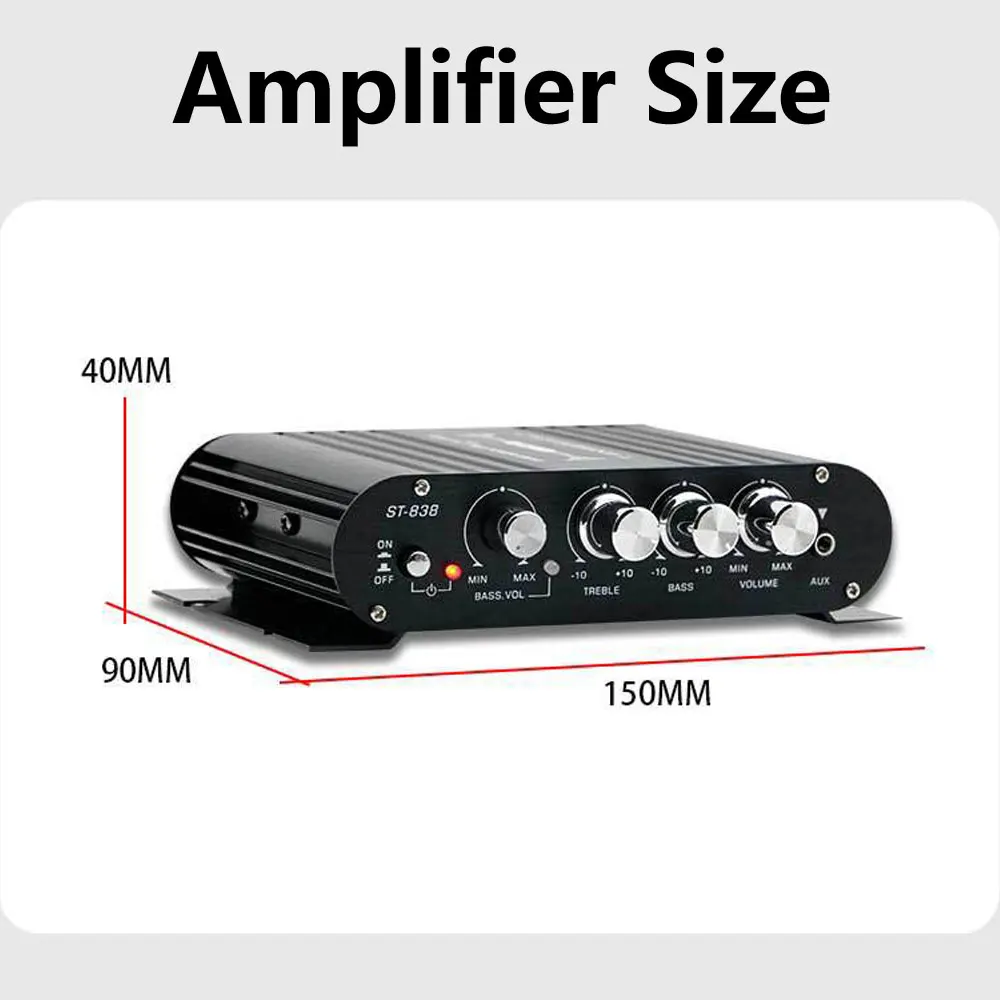 ST-838 HIFI Amplifier 2.1 Channel Car MP3 Mini Amp AUX Input High and Low Bass Adjustment Super Bass 20WX2+40W Black Silver