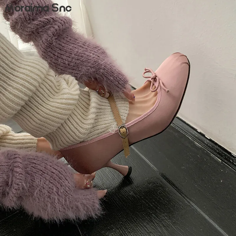 

Sardin Cloth Mary Jane Shoes Pumps Round Toe Bow Buckle Shallow Mouth Stiletto Ballet Shoes Fashionable Temperament Women's Shoe