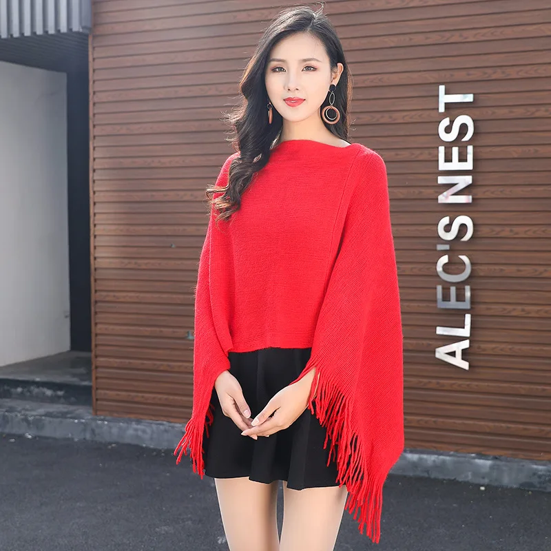 

Spring Autumn Korean Women's Wear V-neck Solid Color Tassel Splicing Shawl Cloak Sweater Women Wear Sunscreen Coat Red