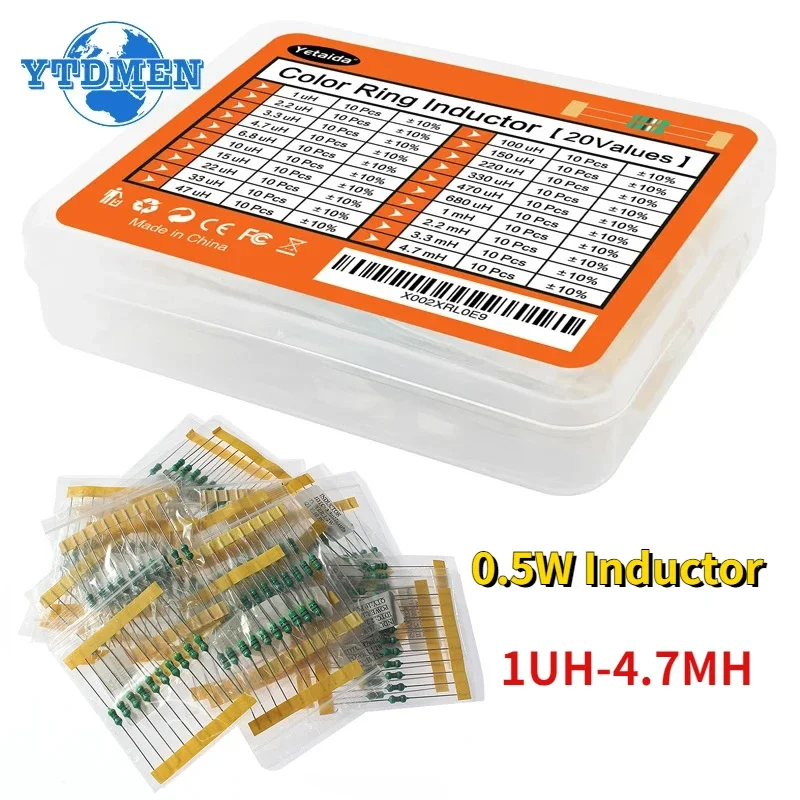 1/2W Color Ring Inductor Assortment Set 0.5W 1UH-4.7MH 20values*10pcs Inductors Assorted Kit 1UH 4.7UH 10UH 100UH 470UH 200pcs inductor assortment kit