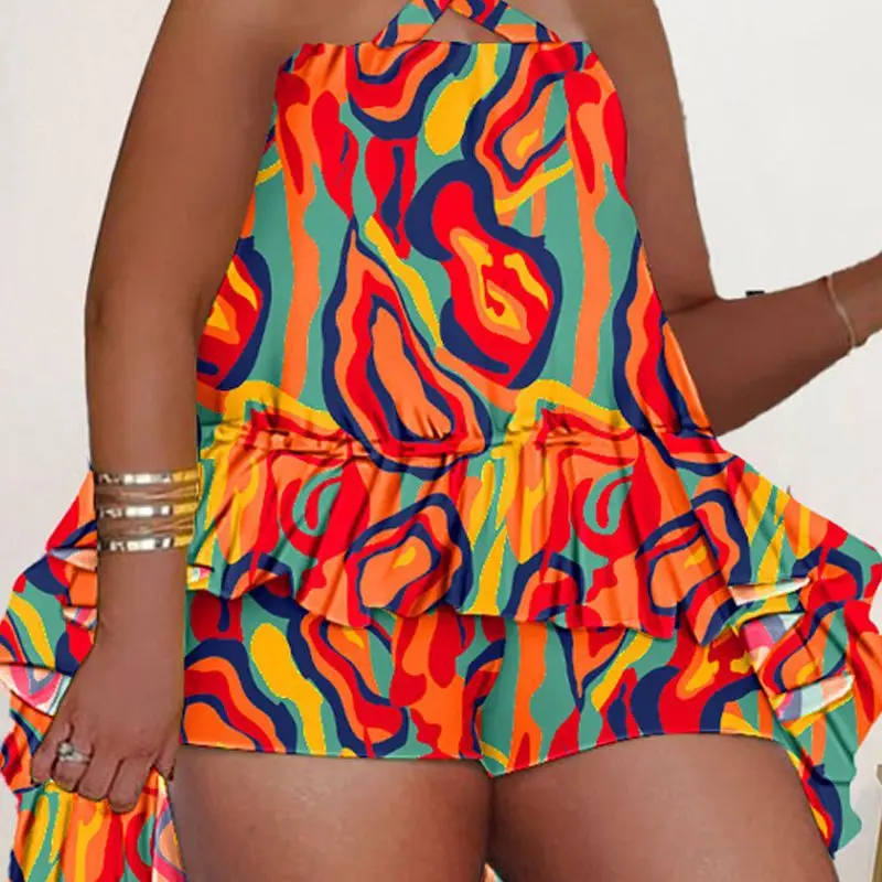 

Multi-Color Abstract Print Asymmetrical Ruffles Top & Shorts Set Women Summer Spring Floral Flower Sexy Clothing Suit