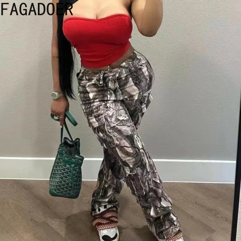 FAGADOER Fashion Printing Pocket Cargo Pants Women High Waisted Button Skinny Trousers Casual Female Matching Stacked Bottoms