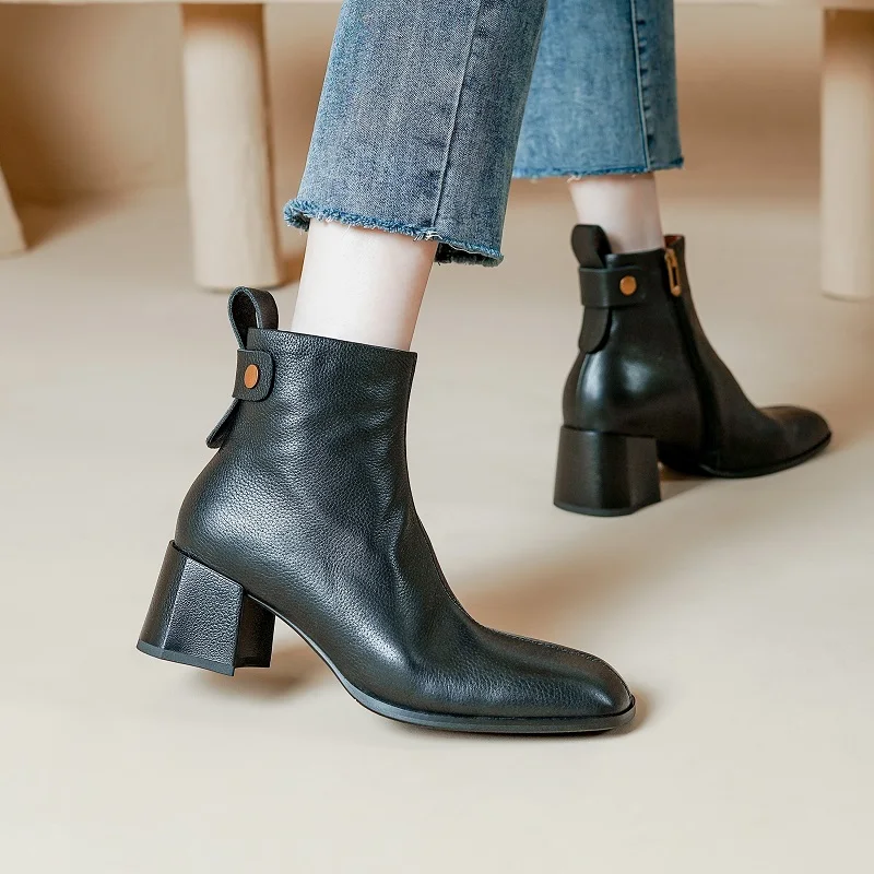 

Woman Winter Boots Round Toe Ladies Cowhide Shoes Korea Style Modern Botas Autumn Spring Daily Shoes Side Zippers Ankle Botas