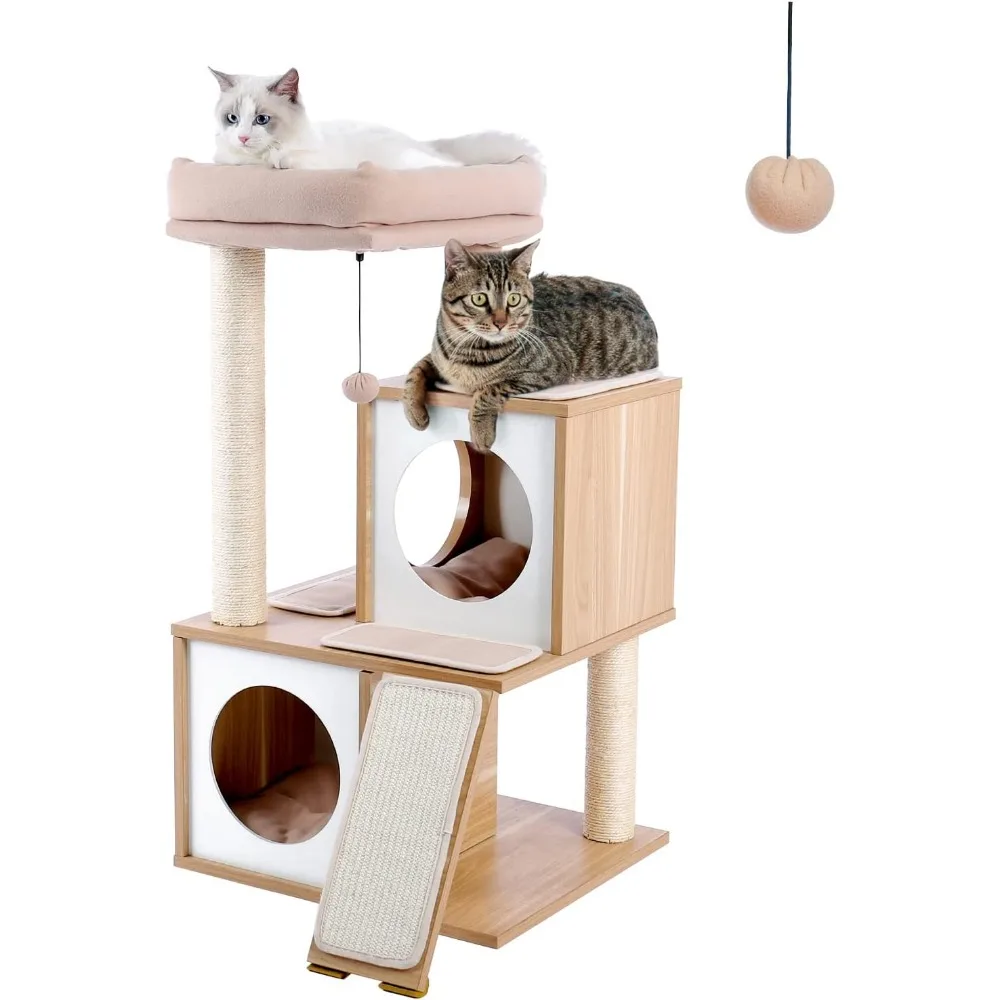 

PAWZ Road Cat Tree 35 Inches Wooden Cat Tower with Double Condos, Spacious Perch, Fully Wrapped Scratching Sisal Posts