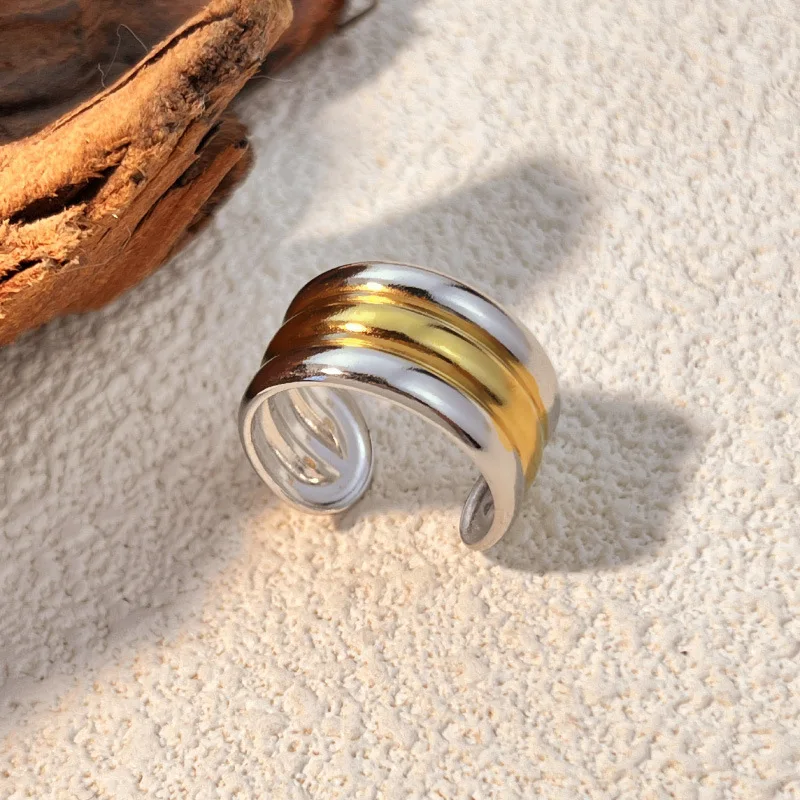 Punk Waterproof Stainless Steel Metal Thick Stripe Open Wide Rings Gold&silver Mix Color Three Layers Knuckle Ring Retro Jewelry