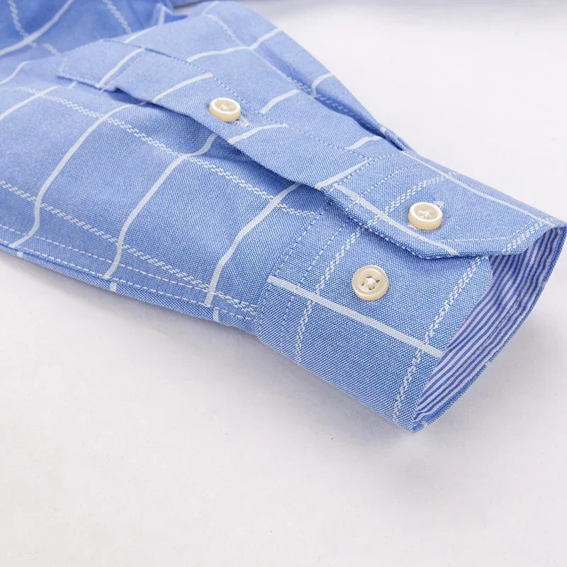 Men Oxford Cotton Long Sleeve Casual Slim Solid Color Plaid Print Stripe Formal Dress Shirt Plus Size