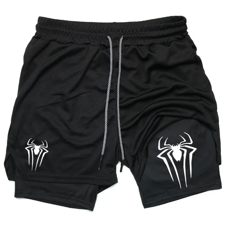 

Men's spider print gym casual sports compression shorts run mesh 2-in-1 sports shorts men
