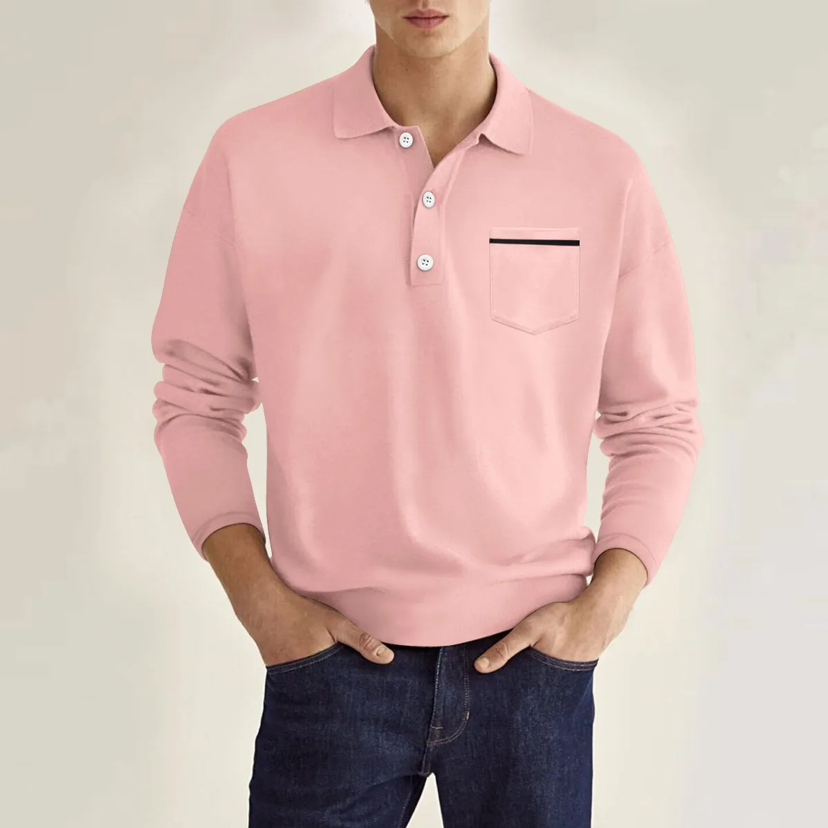 

Мужская Повседневная рубашка-поло, рубашка с длинным рукавом, V-образным вырезом, пуговицами и нагрудным карманом, осень/зима 2024