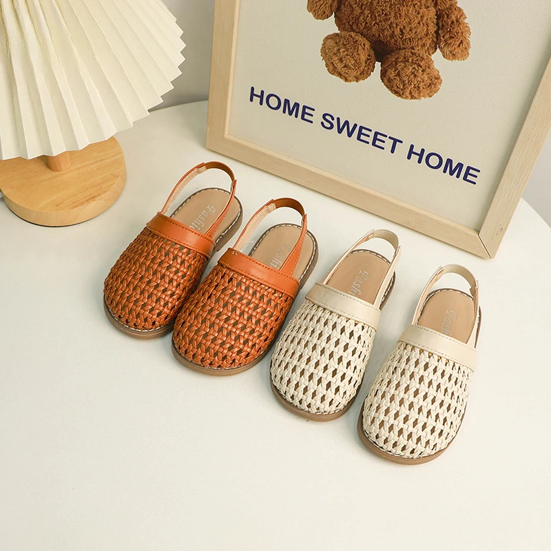 

Сандалии на плоской подошве для девочек и мальчиков, повседневные плетеные модные однотонные пляжные тапочки, Нескользящие, для летнего сезона