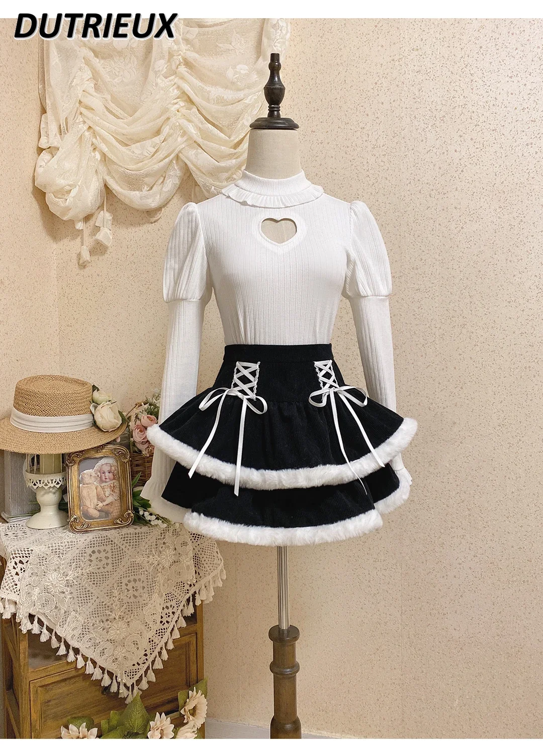 

Pure Desire Long Sleeve White Undershirt Shirt Corduroy Short Skirt High Waist Slim Fit Sweet Autumn and Winter Women's Suit