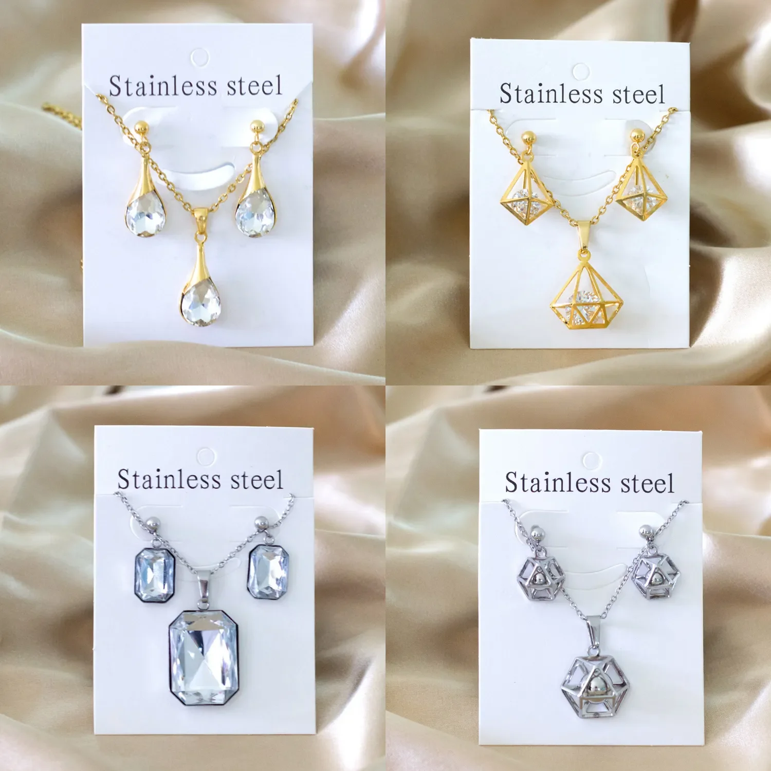Jewelry Sets Korean Fashion Stainless Steel Jewelry Sets For Woman Water Drop Pendant Necklaces And Earrings Set Cubic Zirconia